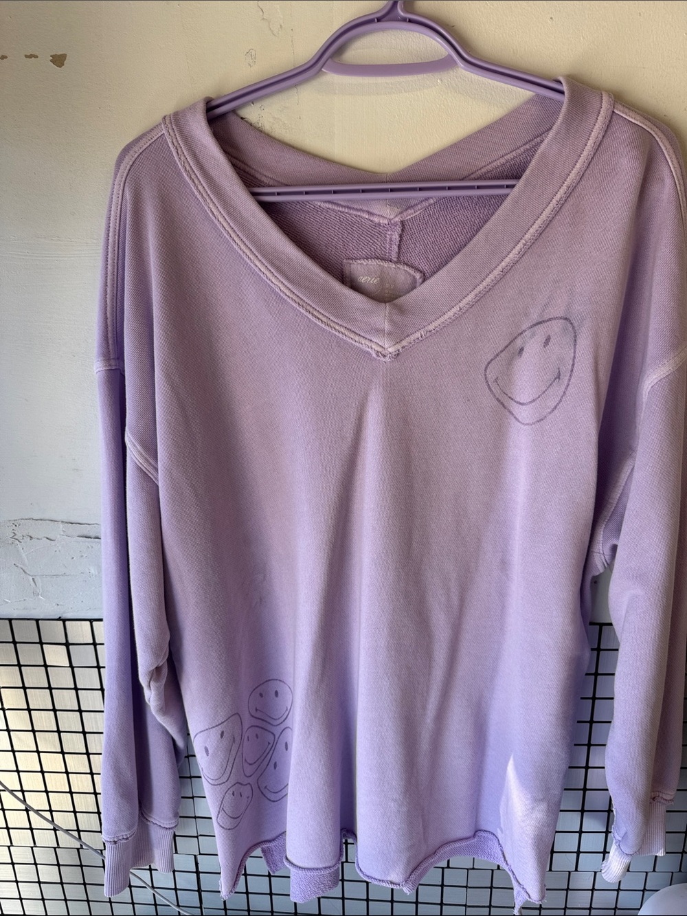 aerie Lavender V-Neck Sweater with Smiley Face Accents